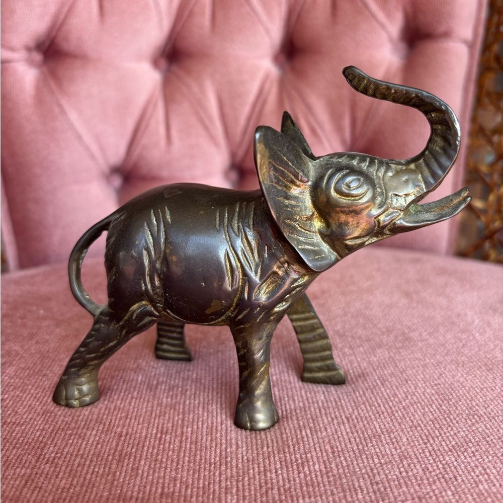 Vintage Solid Brass Elephant Figurine Trunk Up Lucky Decor Mid Century